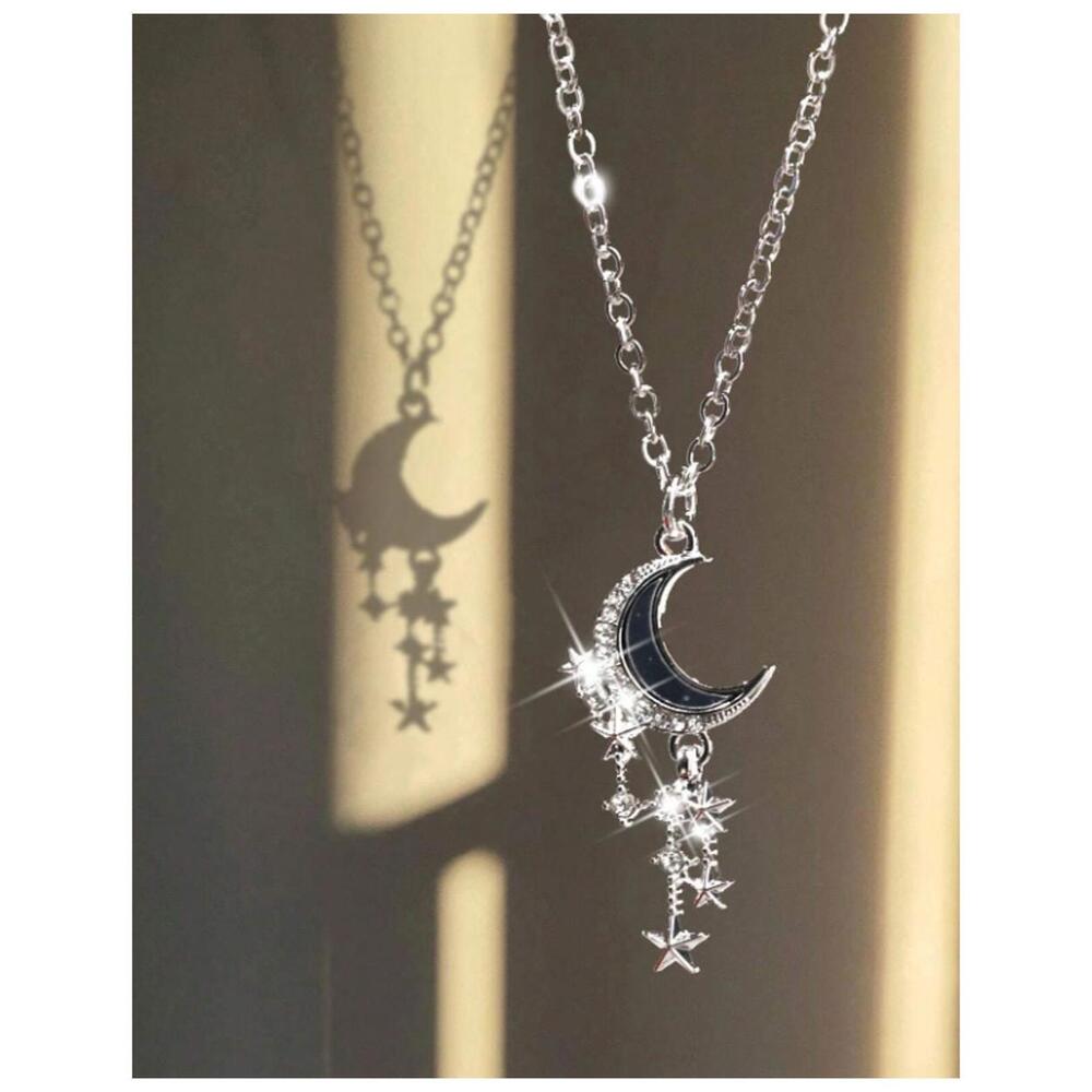 Black crescent moon - Necklace - Silver - CZs - 18"